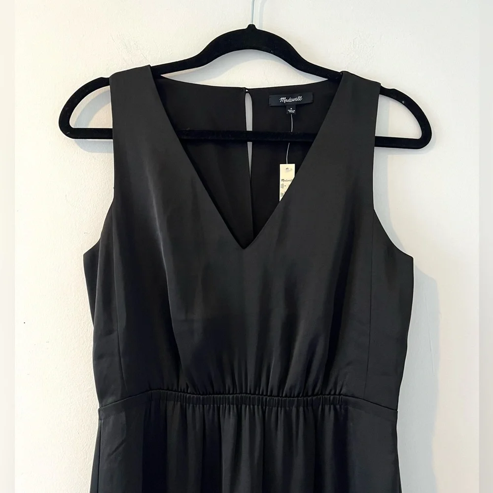 NWT Madewell nightout black silk satin midi dress v neck elastic waist 0 - Picture 5 of 11